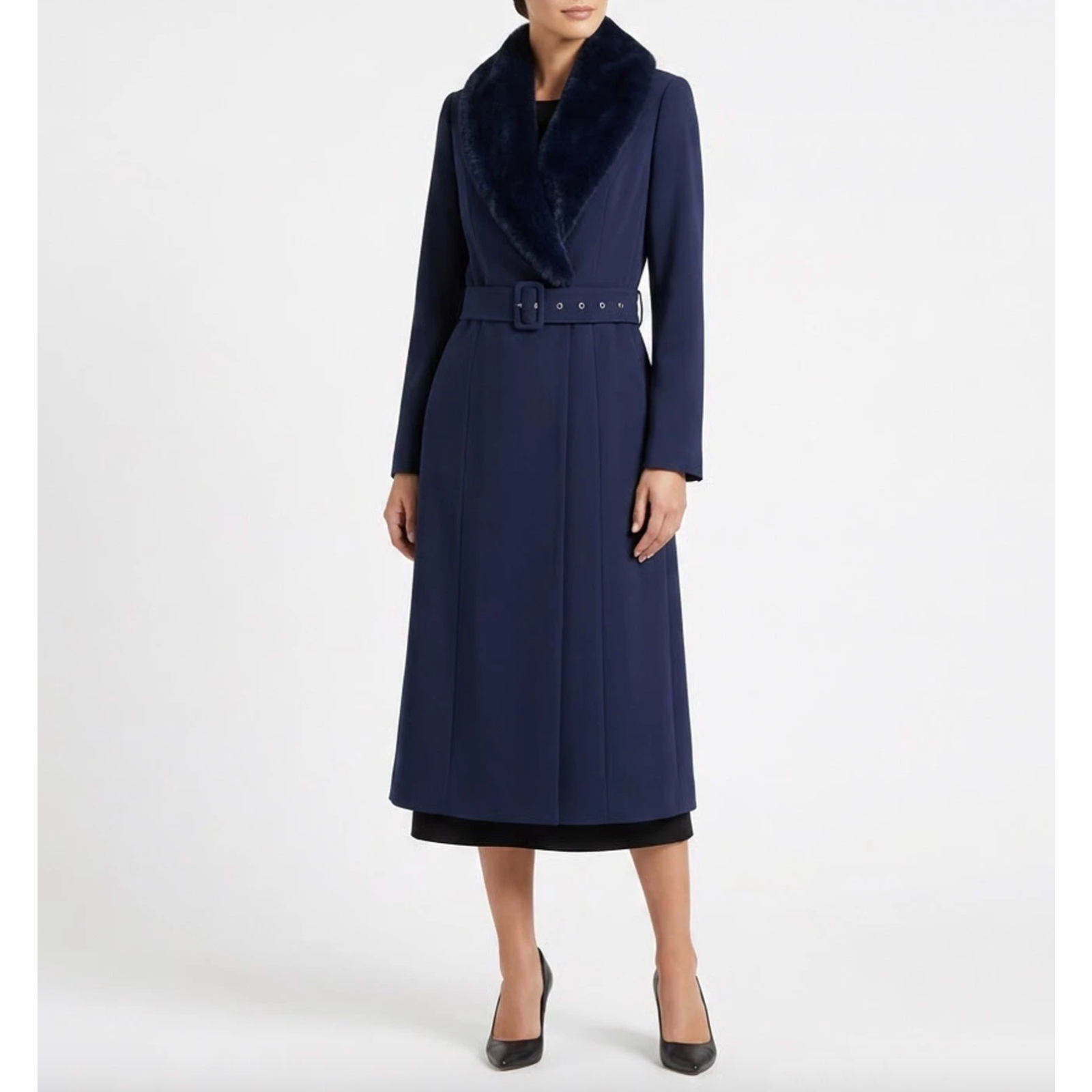 New Naked Wardrobe The Statement Trench Coat Navy Fur Shawl Collar Belted Medium